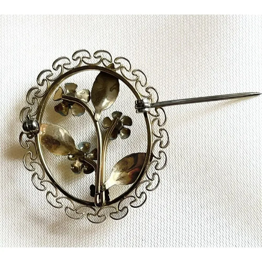Vintage Krementz Gold Filled Forget Me Not Flower Filigree Brooch Pin Pearl Oval